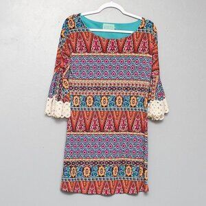 ANTHROPOLOGIE JUDITH MARCH Crochet Bell Sleeve geometric aqua multi Dress